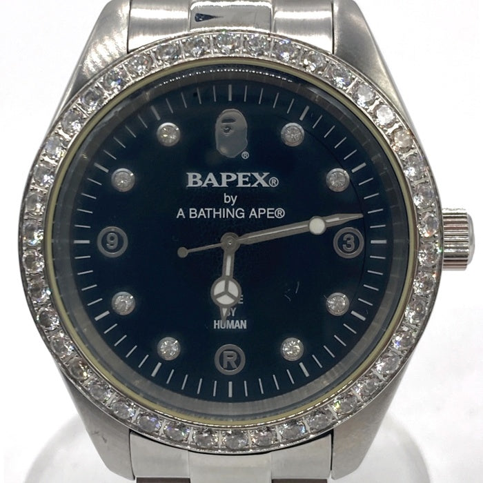 A BATHING APE アベイシングエイプ BAPEX ベイプックス B0708 G073 クリスタルベゼル 黒文字盤 腕時計 シルバー 瑞穂店