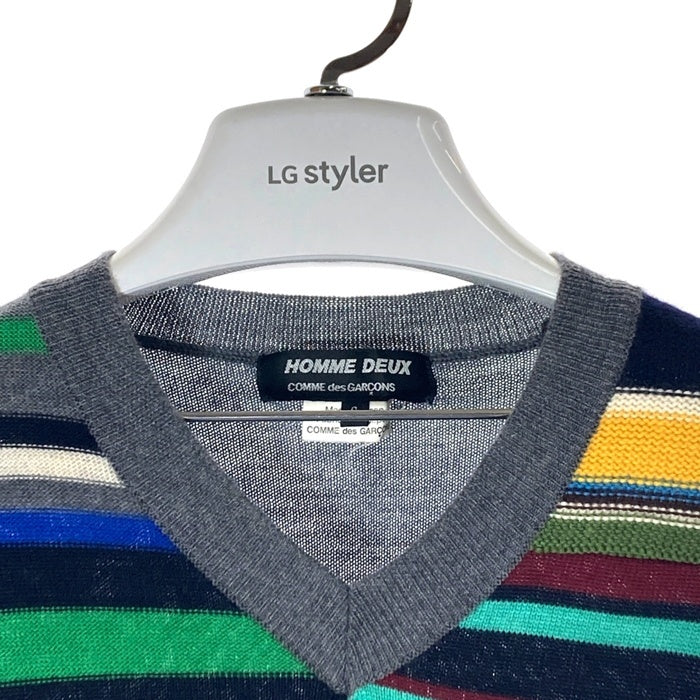 COMME des GARCONS HOMME DEUX コムデギャルソンオムドゥ DN-N001 AD2014 マルチカラーボーダー 切替 Vネック ウール セーター グレー sizeS 瑞穂店