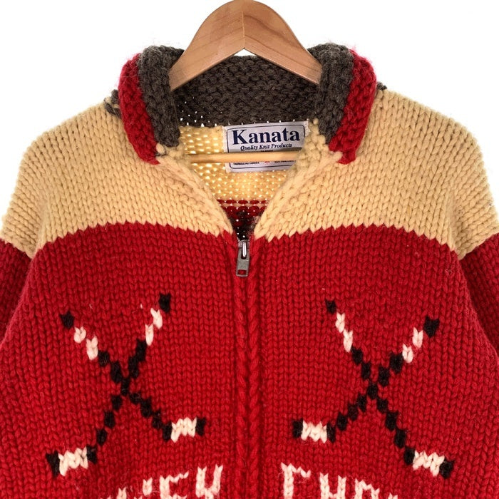 Kanata カナタ ホッケー柄 ジップアップ カウチンセーター レッド グレー アイボリー Size S-M 相当 福生店