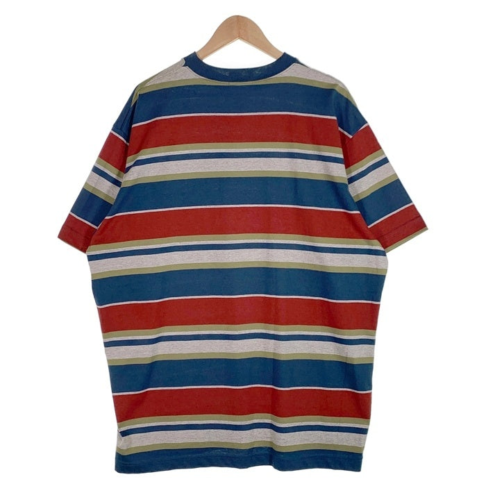 80's STUSSY ステューシー マルチボーダー ポケットTシャツ 裾クラウンロゴ刺繡 ブルー USA製 黒タグ Size XL 福生店
