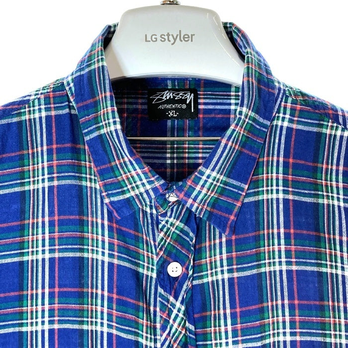 Stussy ステューシー マドラスチェック 胸ショーンフォント刺繍 長袖シャツ ブルー sizeXL 瑞穂店