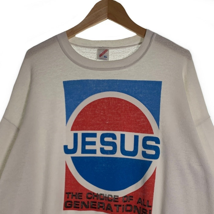 80`s JESUS ジーザス ペプシパロディ プリントクルーネックスウェットトレーナー ホワイト JERZEES USA製 やや薄手 Size XL 福生店