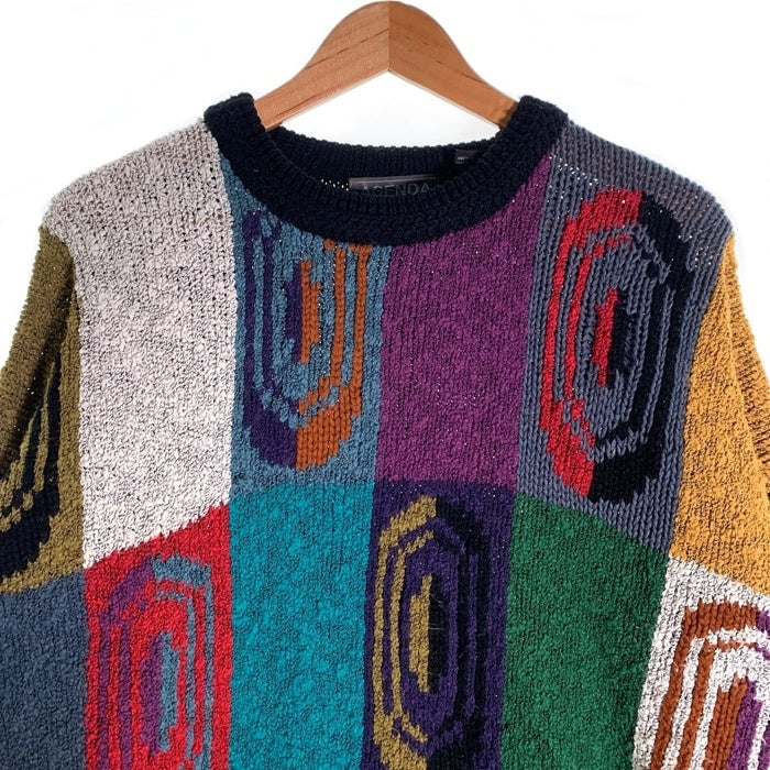 90's AGENDA アジェンダ アクリルニットセーター ブラック マルチ 台湾製 Size L 福生店