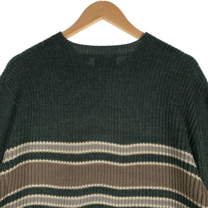 90's STUSSY ステューシー アクリルウール Vネック ボーダーニットセーター グリーン 中国製 紺タグ デッドストック Size L 福生店