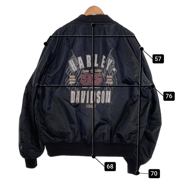 90's Harley-Davidson ハーレーダビッドソン 95周年 プリント ナイロンブルゾン リブ ブラック USA製 Size XXL 福生店