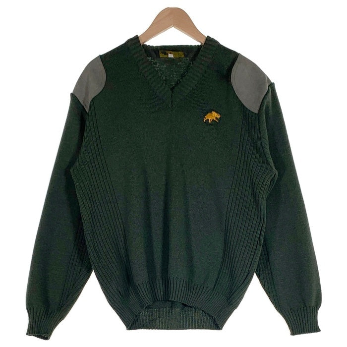 HUNTING WORLD ハンティングワールド Vネック ウールニットセーター ショルダー エルボーパッチ グリーン UK製 Size XL 福生店