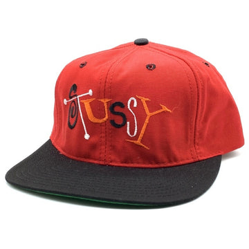 90's STUSSY ステューシー CAPZ 音符 ロゴ刺繡 6パネルキャップ レッド ブラック オールド 白タグ USA製 福生店