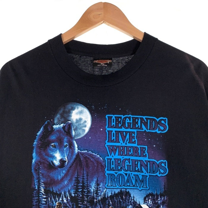 90's Harley-Davidson ハーレーダビッドソン バー&シールド ウルフ プリント 半袖 Tシャツ ブラック 1991コピーライト Size XL 福生店