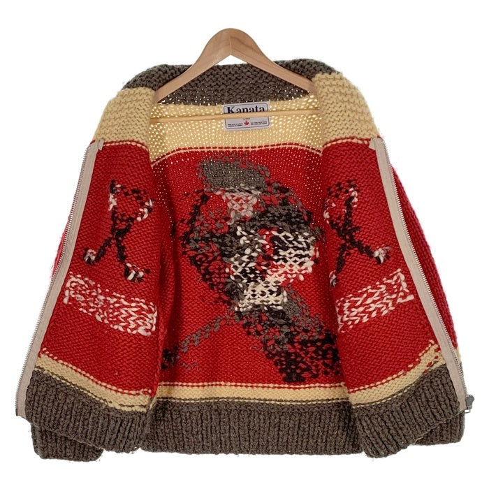 Kanata カナタ ホッケー柄 ジップアップ カウチンセーター レッド グレー アイボリー Size S-M 相当 福生店