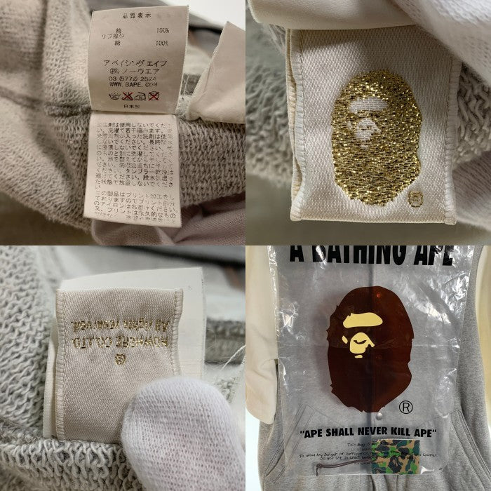A BATHING APE ア ベイシング エイプ シャーク 半袖 フード付き バーシティージャケット スタジアムジャケット スタジャン グレー ホワイト Size XL 福生店