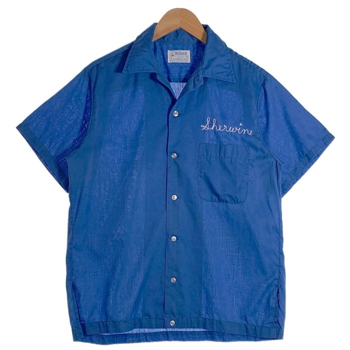 70's Hilton ヒルトン Bowling Shirt 半袖 ボーリングシャツ チェーンステッチ 刺繡 ブルー USA製 Size M 福生店