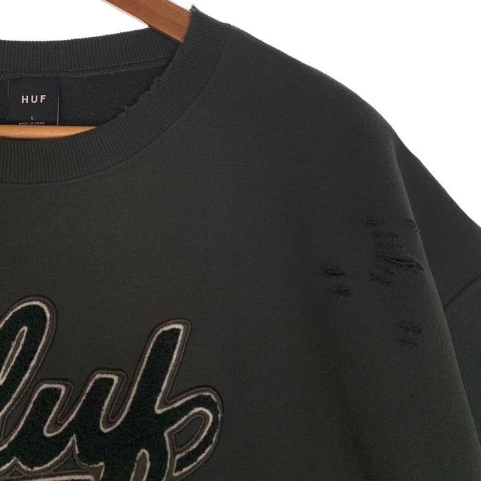 HUF ハフ POP FLY DAMAGE CREW ダメージ加工 半袖 クルーネックスウェットトレーナー ブラック 切りっぱなし Size L 福生店