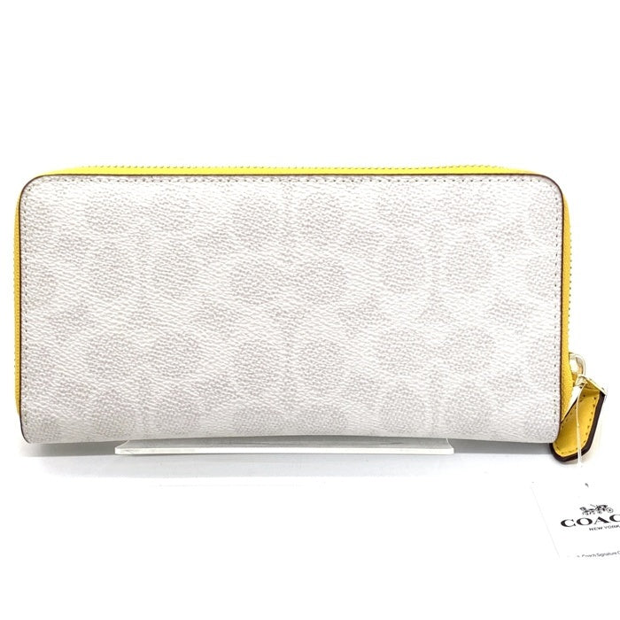 COACH コーチ 814 シグネチャー PVCレザー ラウンドファスナーウォレット 長財布 ホワイト イエロー 福生店