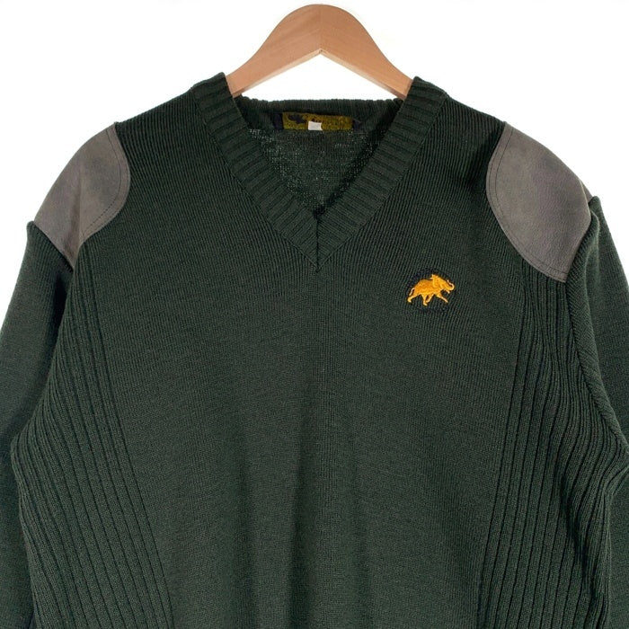 HUNTING WORLD ハンティングワールド Vネック ウールニットセーター ショルダー エルボーパッチ グリーン UK製 Size XL 福生店