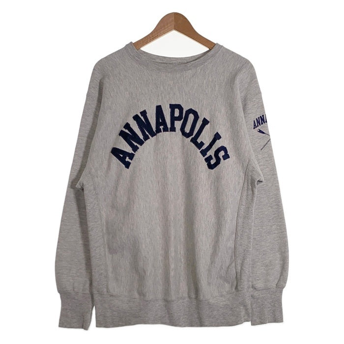 90's Champion チャンピオン REVERSE WEAVE ANNAPOLIS リバースウィーブ ワッペン 袖プリント クルーネックスウェットトレーナー グレー USA製 トリコ刺繡 Size XL 福生店