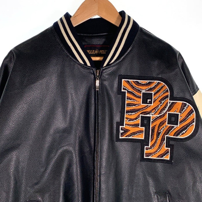 90's pellepelle ペレペレ オールレザースタジャン ジップアップ ブラック クリーム ワッペン Size XL 福生店