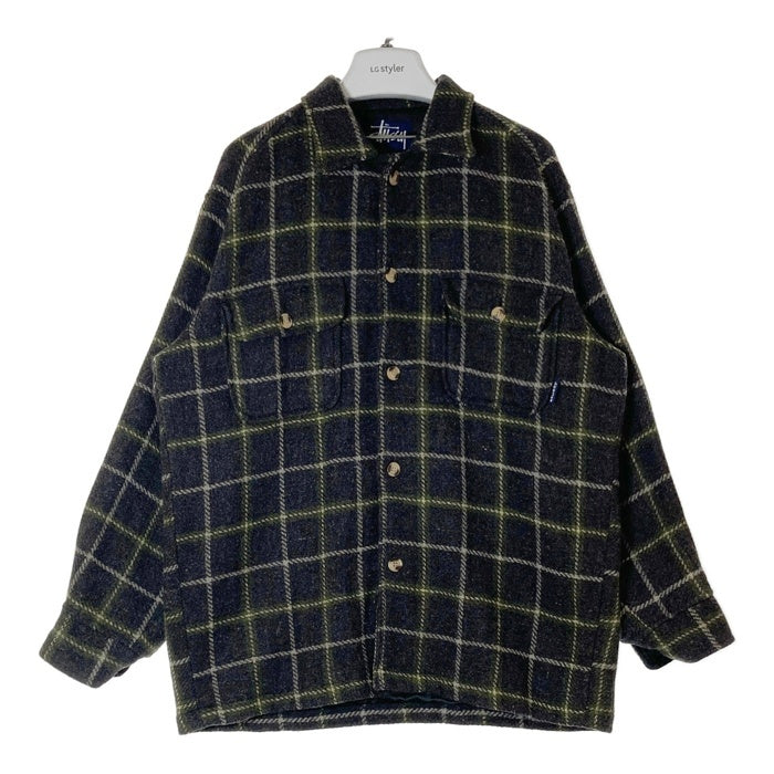 STUSSY ステューシー 90's ウール チェックシャツ 紺タグ インド製 グレー×グリーン SizeM 瑞穂店