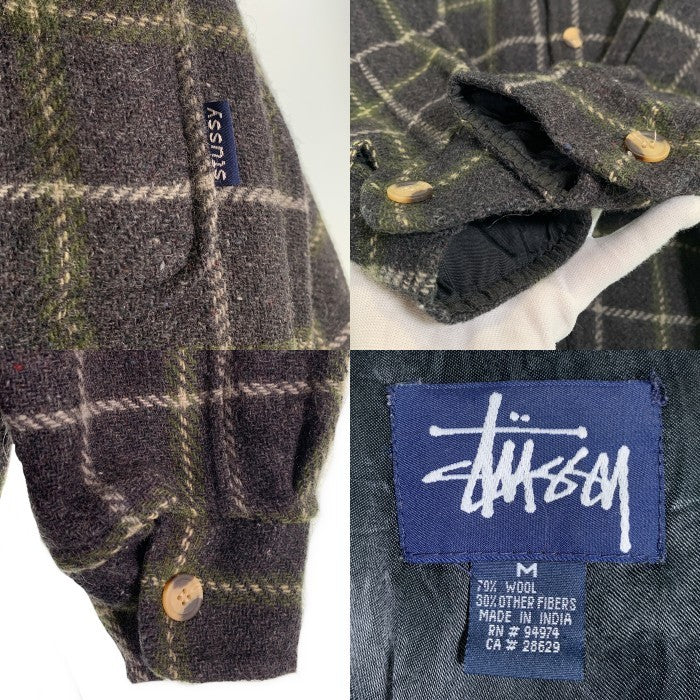 90's STUSSY ステューシー ウールチェックシャツ 長袖 グレー グリーン 紺タグ 厚手 Size M 福生店