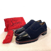 Christian Louboutin クリスチャンルブタン HUBERTUS FLAT VEAU レザー スウェード ウール ドレスシューズ キャップトゥ ブラック ネイビー Size 41 1/2 (26.5cm) 福生店