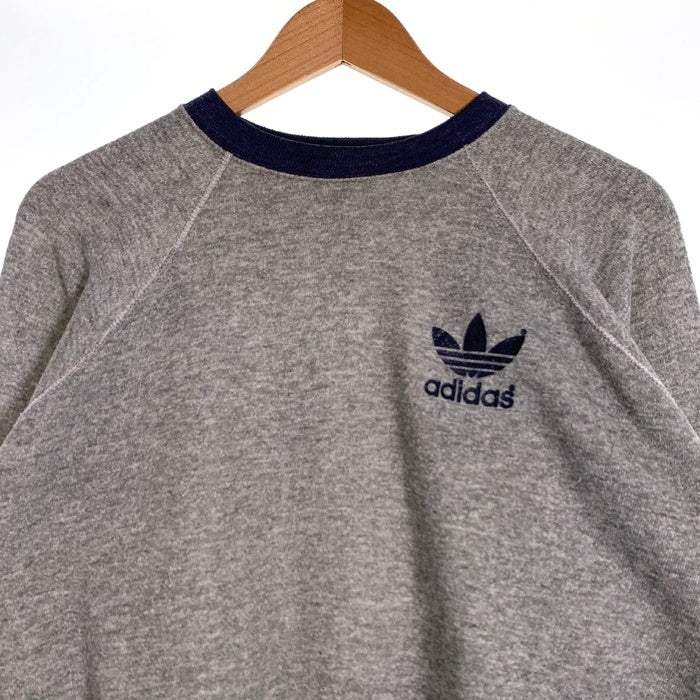 90's adidas アディダス トレフォイルプリント ラグランスリーブ スウェットトレーナー グレー ネイビー USA製 Size L 福生店