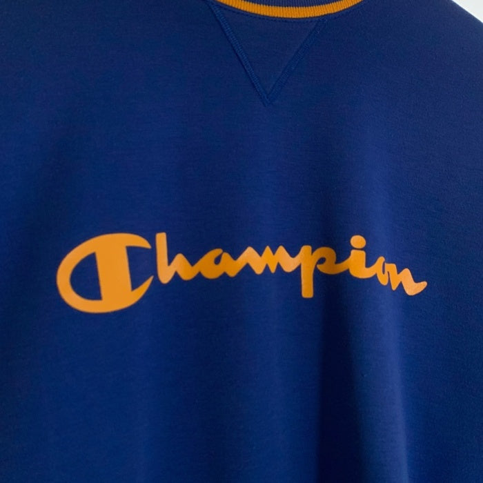 Champion チャンピオン リブライン 前V ロゴプリント クルーネックスウェットトレーナー ブルー イエロー Size L 福生店