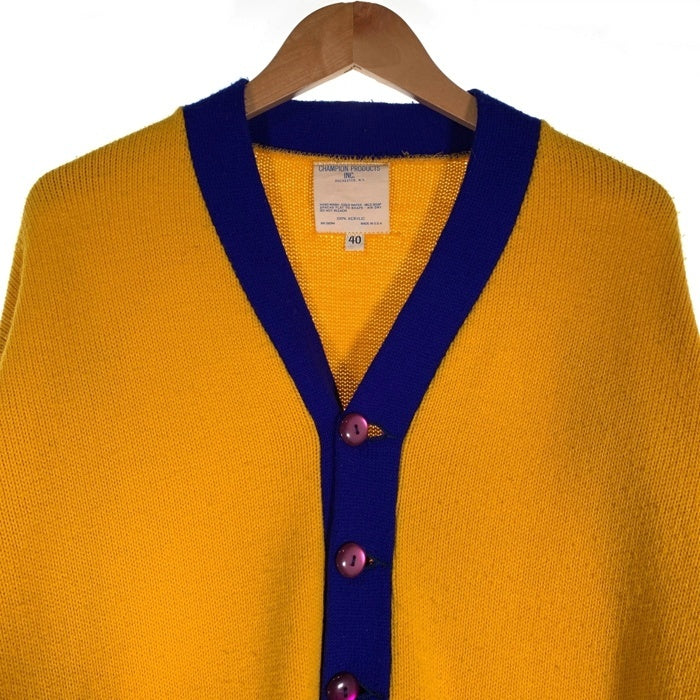 70's Champion チャンピオン アクリルニット レタードカーディガン 袖ライン イエロー ブルー USA製 Size 40 福生店