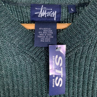 90's STUSSY ステューシー アクリルウール Vネック ボーダーニットセーター グリーン 中国製 紺タグ デッドストック Size L 福生店