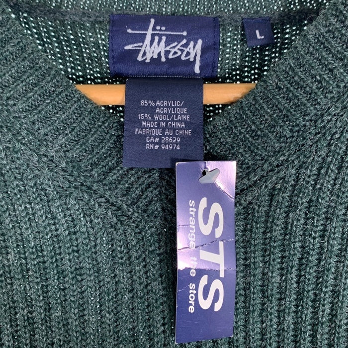 90's STUSSY ステューシー アクリルウール Vネック ボーダーニットセーター グリーン 中国製 紺タグ デッドストック Size L 福生店