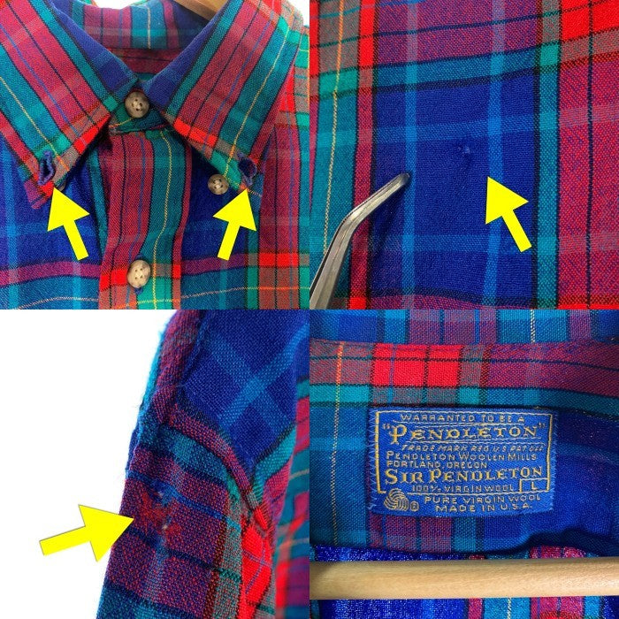 70's PENDLETON ペンドルトン ウール 長袖 ボタンダウン チェック シャツ ブルー レッド グリーン USA製 Size L 福生店