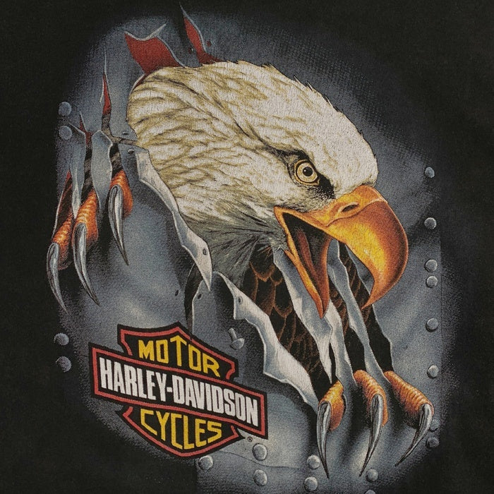 90's HARLEY-DAVIDSON ハーレーダビッドソン イーグル エンブレム バイク プリントTシャツ ブラック USA製 Size XL 福生店