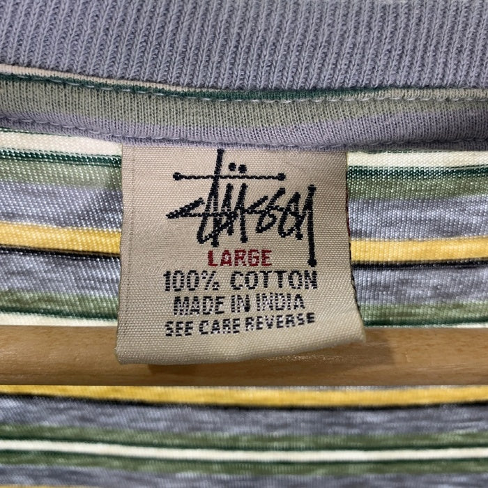 90's STUSSY ステューシー ボーダー ポケットTシャツ グレー ショーンフォント刺繡 インド製 白タグ Size L 福生店