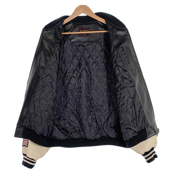 90's pellepelle ペレペレ オールレザースタジャン ジップアップ ブラック クリーム ワッペン Size XL 福生店