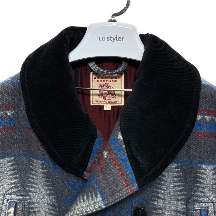 ADJUSTABLE COSTUME アジャスタブルコスチューム ネイティブ柄 ダブルブレスト ショールカラーコート グレー Size 38 瑞穂店