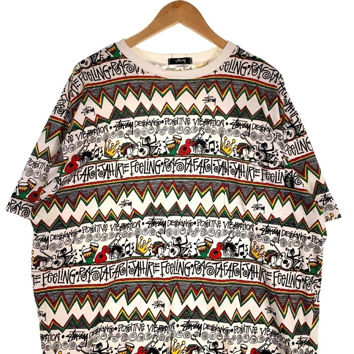 80's STUSSY ステューシー IRIE BAND 総柄 オーバープリント ポケットTシャツ ラスタ ホワイト 黒タグ USA製 Size L 福生店