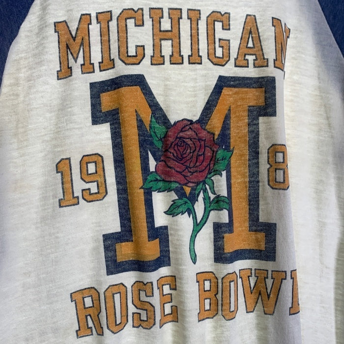 80's MICHIGAN ROSE BOWL 1983 ラグランスリーブカットソー 七分袖 ホワイト ネイビー Hanes USA製 Size L 福生店