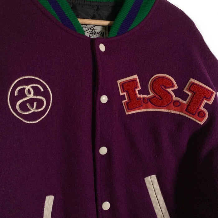 90's STUSSY ステューシー I.S.T. ワッペン 刺繡 ウール袖レザースタジャン パープル グリーン ホワイト オールド Size L 福生店