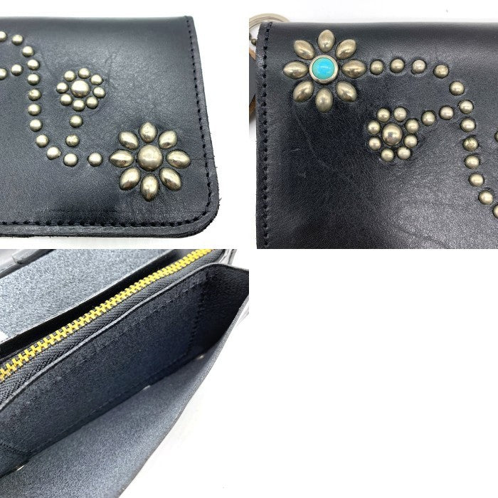 HTC エイチティーシー フラワースタッズ ミディアムウォレット レザー 財布 ブラック 福生店