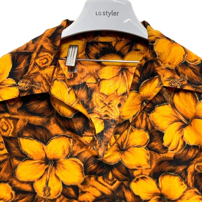 60's コットン アロハ ポロシャツ ハイビスカス柄 ゴールド Size L相当 瑞穂店