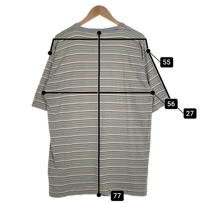 90's STUSSY ステューシー ボーダー ポケットTシャツ グレー ショーンフォント刺繡 インド製 白タグ Size L 福生店