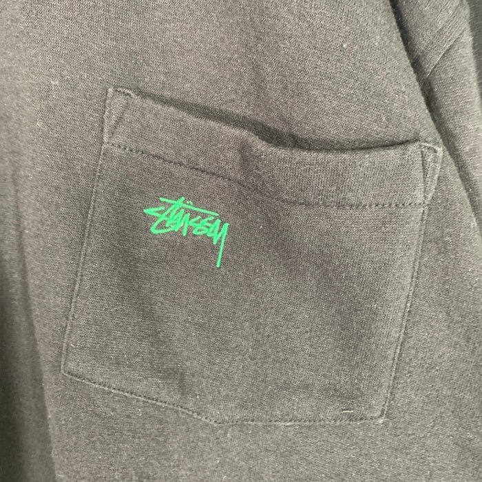 80's STUSSY ステューシー プルオーバースウェットパーカー 胸ポケットロゴ刺繡 ブラック 裏起毛 USA製 黒タグ オールド 短丈ボックス Size L 福生店
