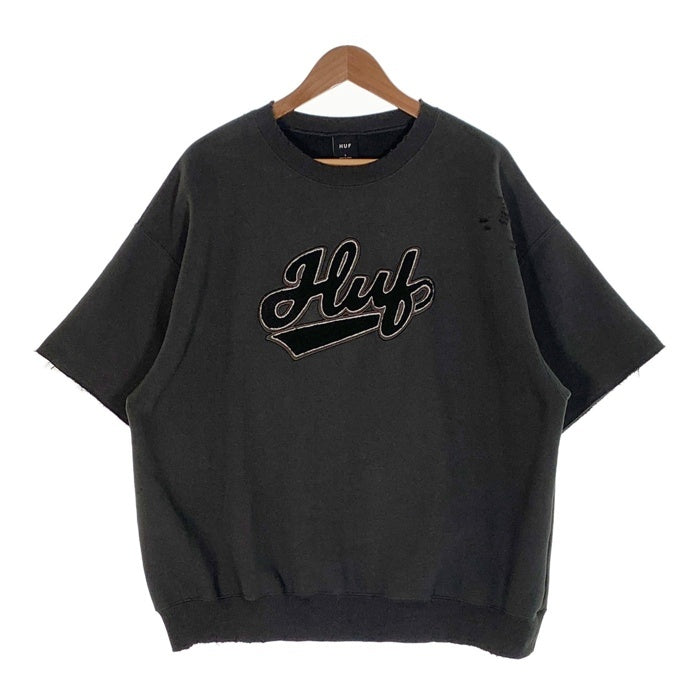 HUF ハフ POP FLY DAMAGE CREW ダメージ加工 半袖 クルーネックスウェットトレーナー ブラック 切りっぱなし Size L 福生店