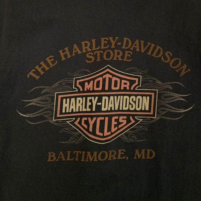 00's HARLEY DAVIDSON ハーレーダビッドソン バー&シールド フレイム プリント ポケット ロングスリーブTシャツ ブラック 2007コピーライト Size 2XL 相当 福生店