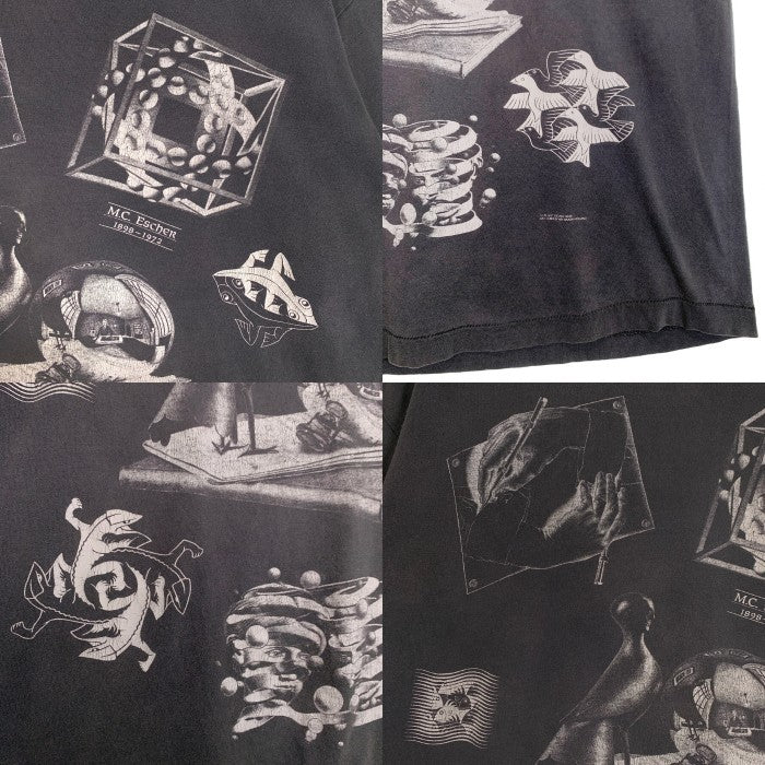 90's M.C.Escher エッシャー ダブルサイド マルチプリント Tシャツ ブラック だまし絵 ANDAZIA USA製 Size XL 福生店