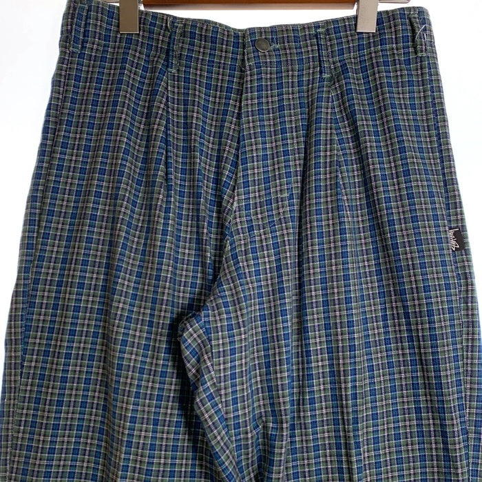80's STUSSY ステューシー コットン チェック柄 1タックスラックス パンツ グリーン ブルー USA製 黒タグ Size 32 福生店