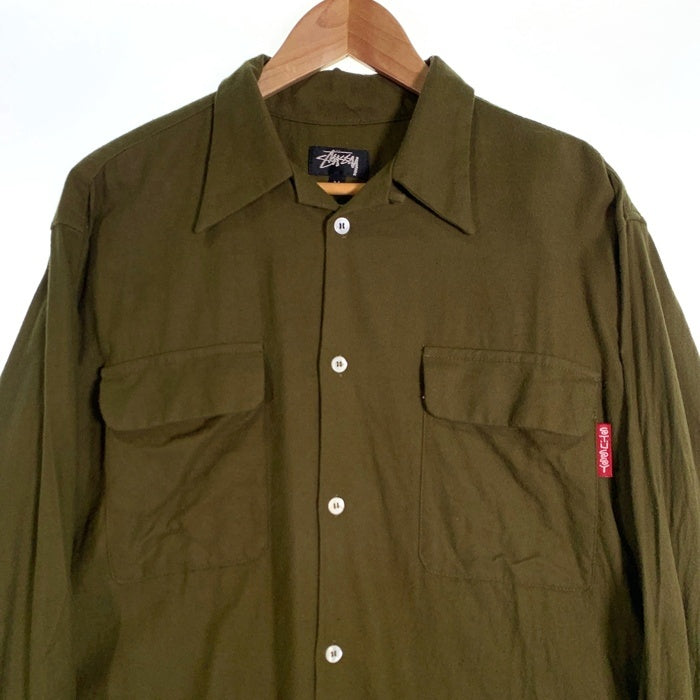 80's STUSSY ステューシー コットン オープンカラーフランネルシャツ 長袖 プレーン オリーブグリーン USA製 黒タグ Size M 福生店