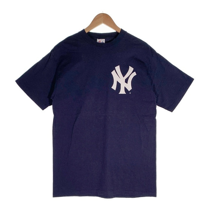 90's majestic マジェスティック Newyork Yankees ニューヨーク ヤンキース 半袖 チームロゴ プリント Tシャツ ネイビー USA製 Size L 福生店