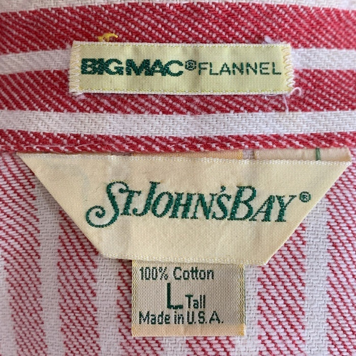 80's ST JOHNS BAY セントジョーンズベイ BIG MAC FLANNEL ストライプ フランネルシャツ レッド ホワイト USA製 Size L 福生店