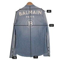 BALMAIN PARIS バルマン バンドカラー デニムシャツ バックプリント ブルー スナップボタン ウォッシュ ダメージ加工 Size 39 福生店