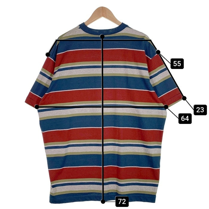 80's STUSSY ステューシー マルチボーダー ポケットTシャツ 裾クラウンロゴ刺繡 ブルー USA製 黒タグ Size XL 福生店