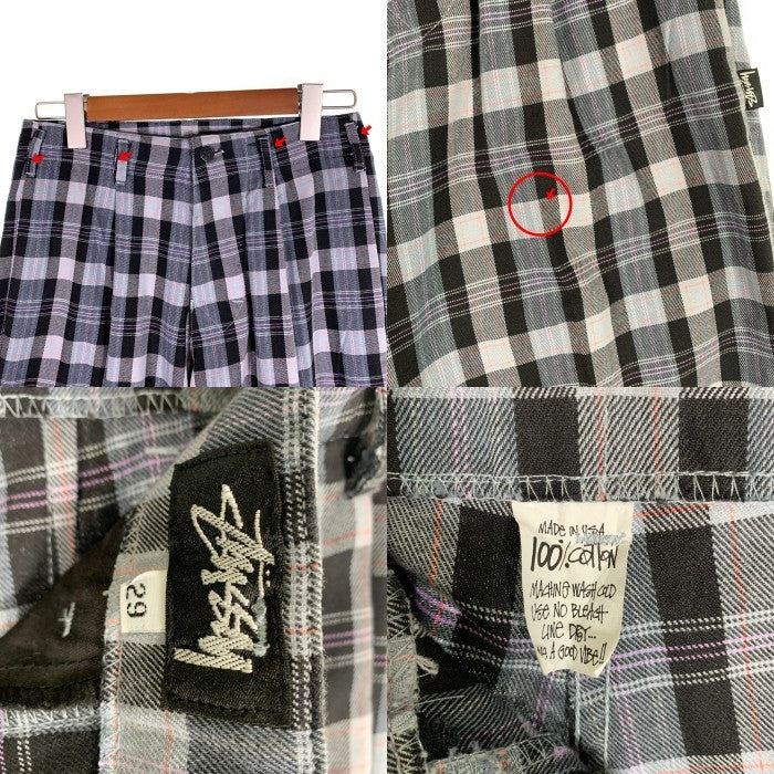 80's STUSSY ステューシー コットン チェック柄 1タック ロングパンツ グレー ブラック USA製 黒タグ Size 29 福生店